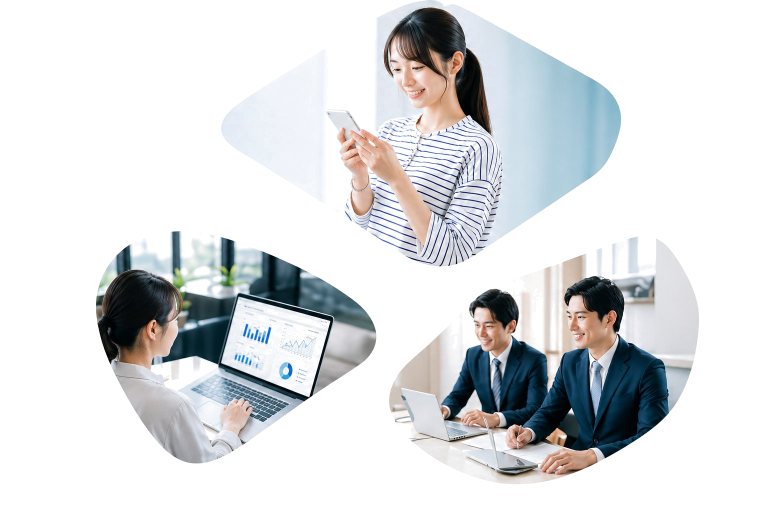 スマホで動画を視聴する学生／採用ダッシュボードを確認する担当者／採用ミーティングするビジネスパーソン